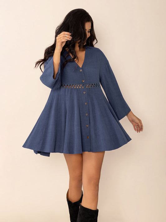 Dusty Blue Long Sleeve Mini Dress Elegant Cutout & Buttoned Design Lightweight Women Dress