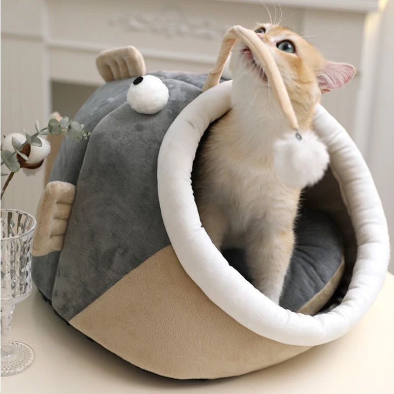 Multifunctional Winter Cat Nest Lantern Fish Cat House Semi-closed Deerskin Velvet Small Dog Kennel Warm And Comfortable