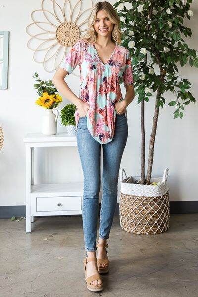 Heimish Floral V-Neck Babydoll Blouse - Full Size Short Sleeve Top