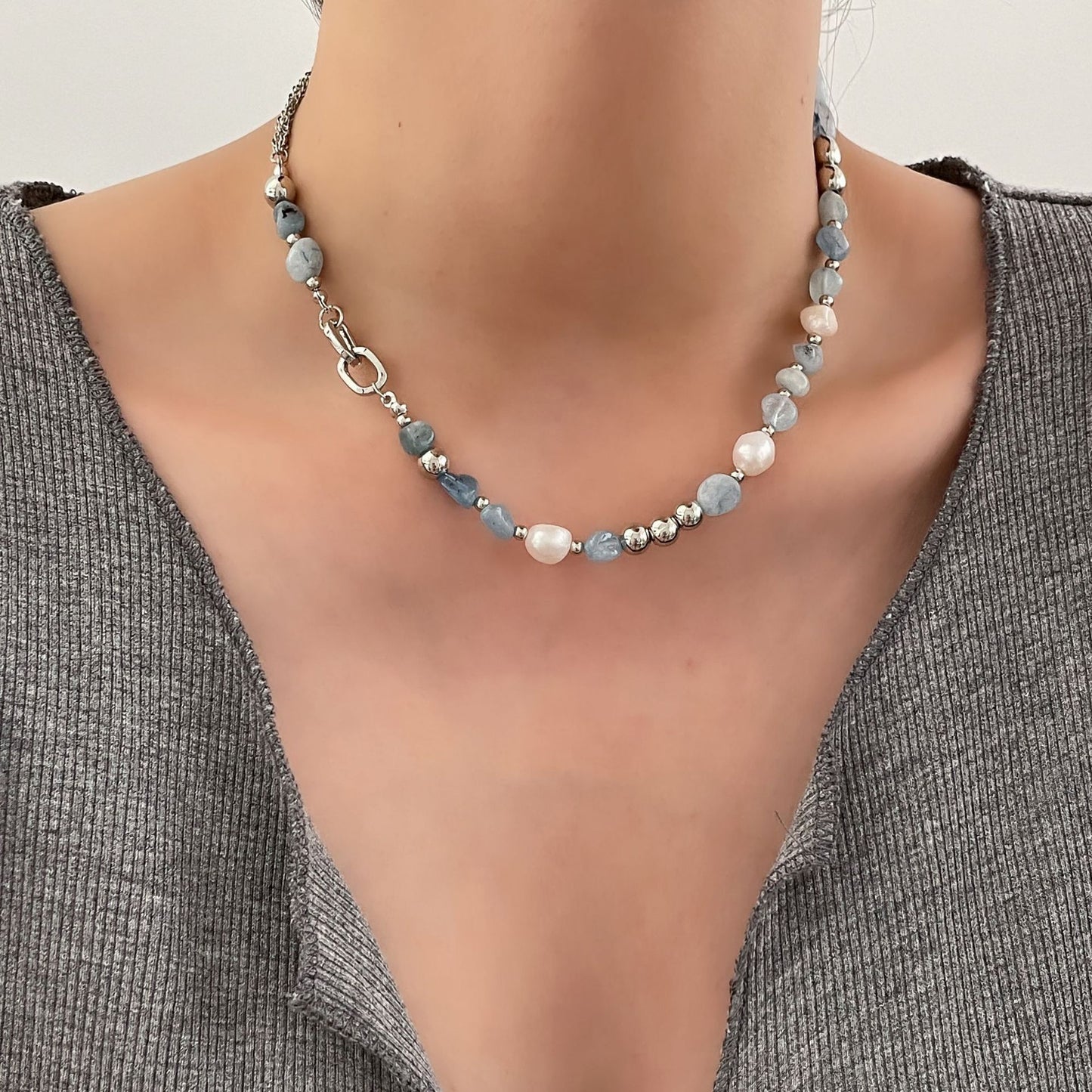 Natural Stone Blue Crystal Necklace Baroque Natural Freshwater Pearls
