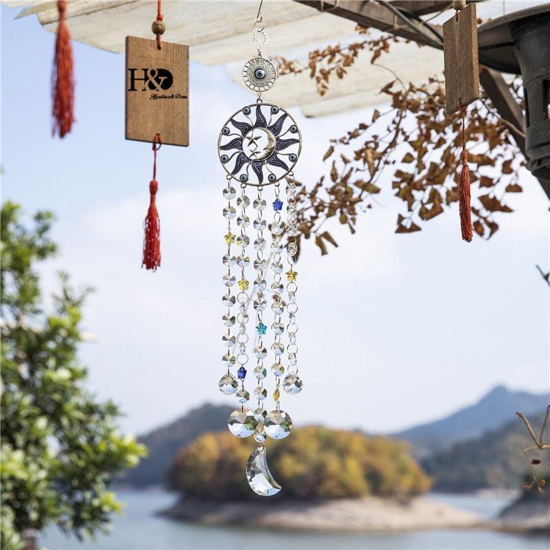 Chandelier Wind Chimes Turkish Blue Evil Eye Moon Sun Star Sun-catcher Rainbow Maker Wind Chimes Wall Hanging Crystal Prisms Hanging Pendant Home Decor Gifts Blessing Protection Decoration