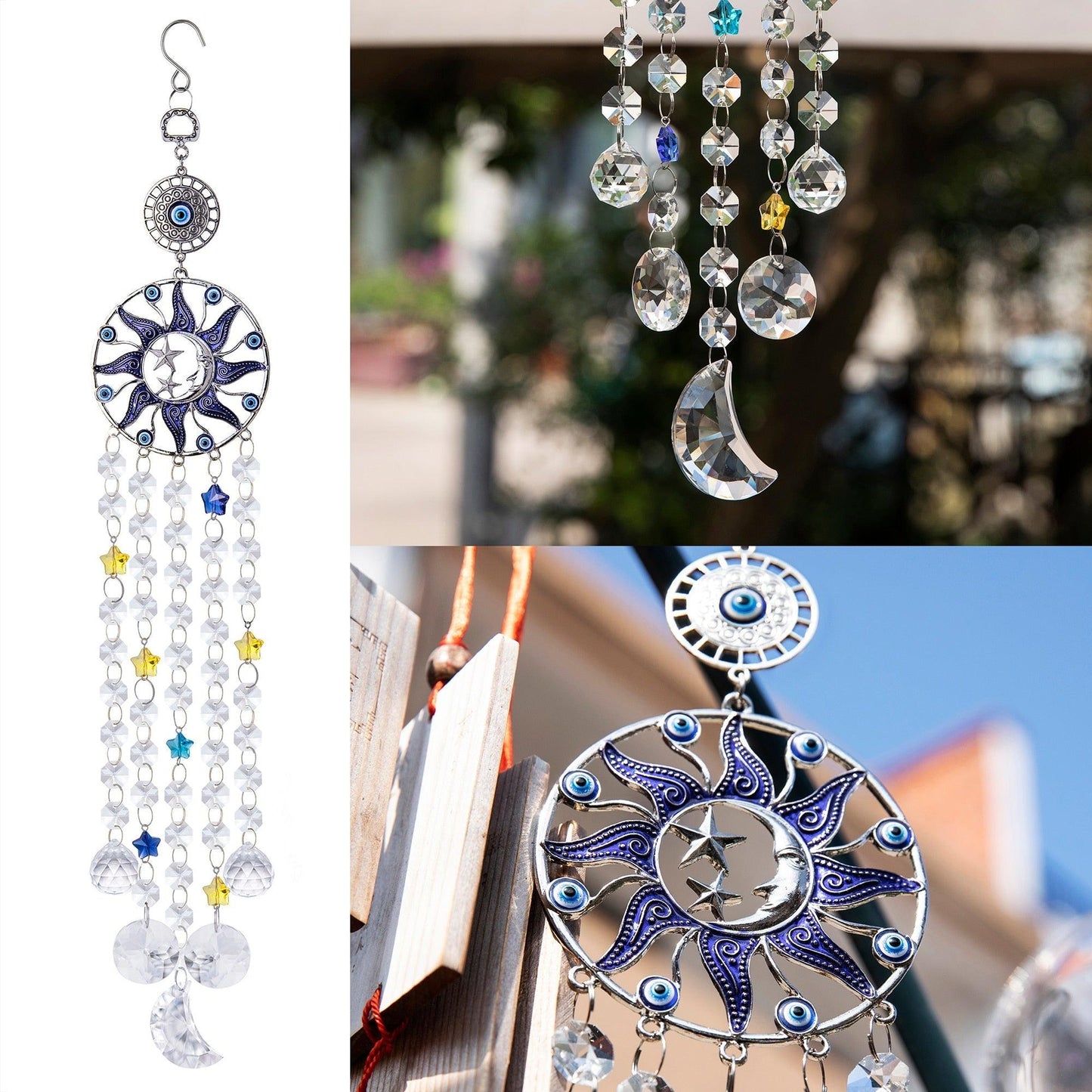 Chandelier Wind Chimes Turkish Blue Evil Eye Moon Sun Star Sun-catcher Rainbow Maker Wind Chimes Wall Hanging Crystal Prisms Hanging Pendant Home Decor Gifts Blessing Protection Decoration
