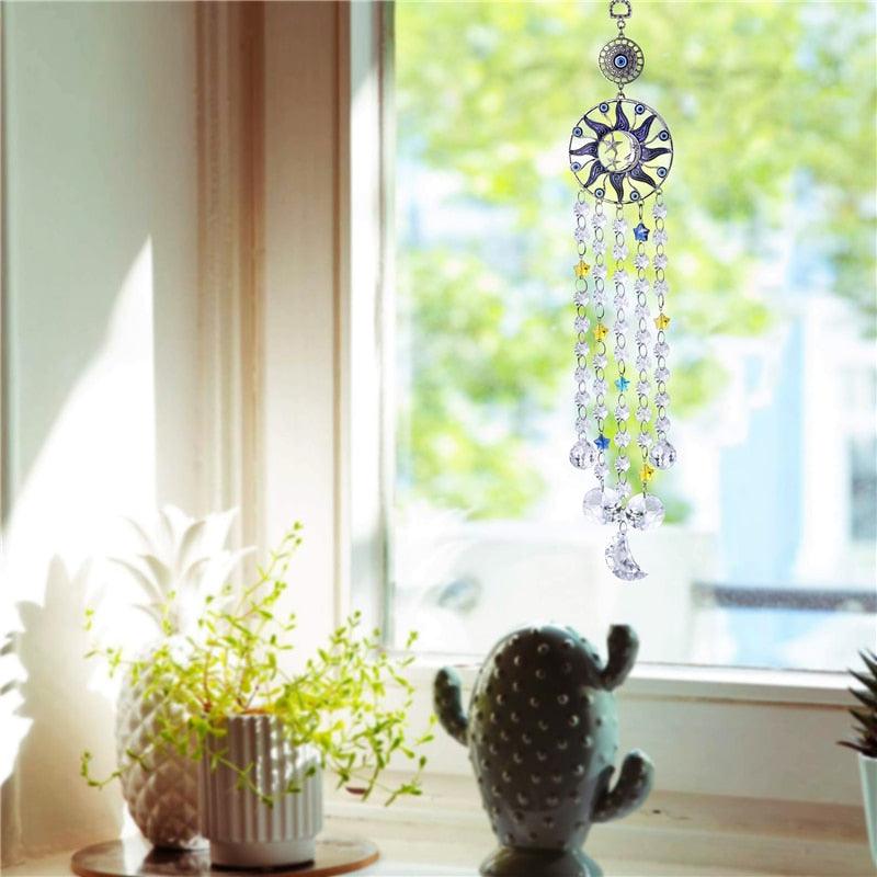Chandelier Wind Chimes Turkish Blue Evil Eye Moon Sun Star Sun-catcher Rainbow Maker Wind Chimes Wall Hanging Crystal Prisms Hanging Pendant Home Decor Gifts Blessing Protection Decoration