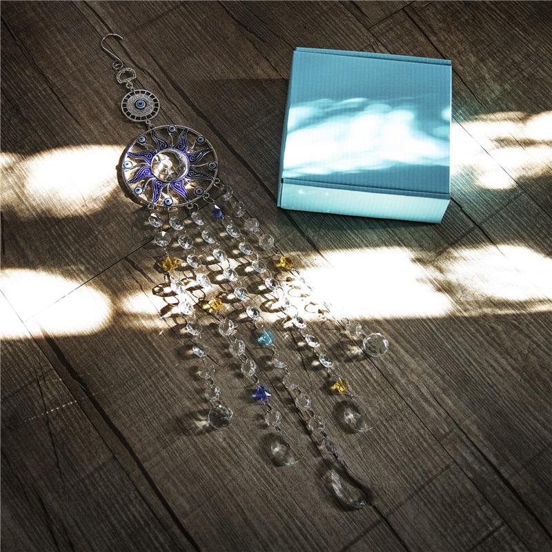 Chandelier Wind Chimes Turkish Blue Evil Eye Moon Sun Star Sun-catcher Rainbow Maker Wind Chimes Wall Hanging Crystal Prisms Hanging Pendant Home Decor Gifts Blessing Protection Decoration