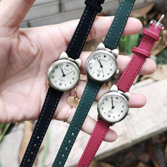 Children Retro Case Design Cute Cat Kids Watch Quartz Analog Children Watches Minimalist Dress Fashion Quartz Luxury Round Leather Strap Slim Women Watches