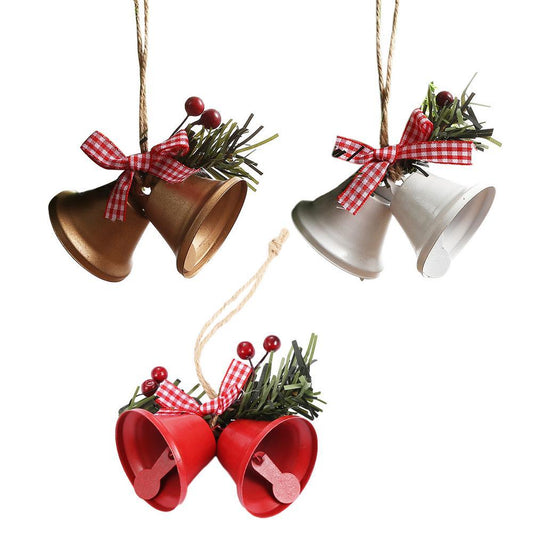 Christmas Bell Ornament Metal Dual Bell Christmas Bell Ornament Decoration with Berry Plaid Bow Christmas Tree Pendants For Making Wind Chimes Christmas Tree Hang Pendant Hang On Door wall porch