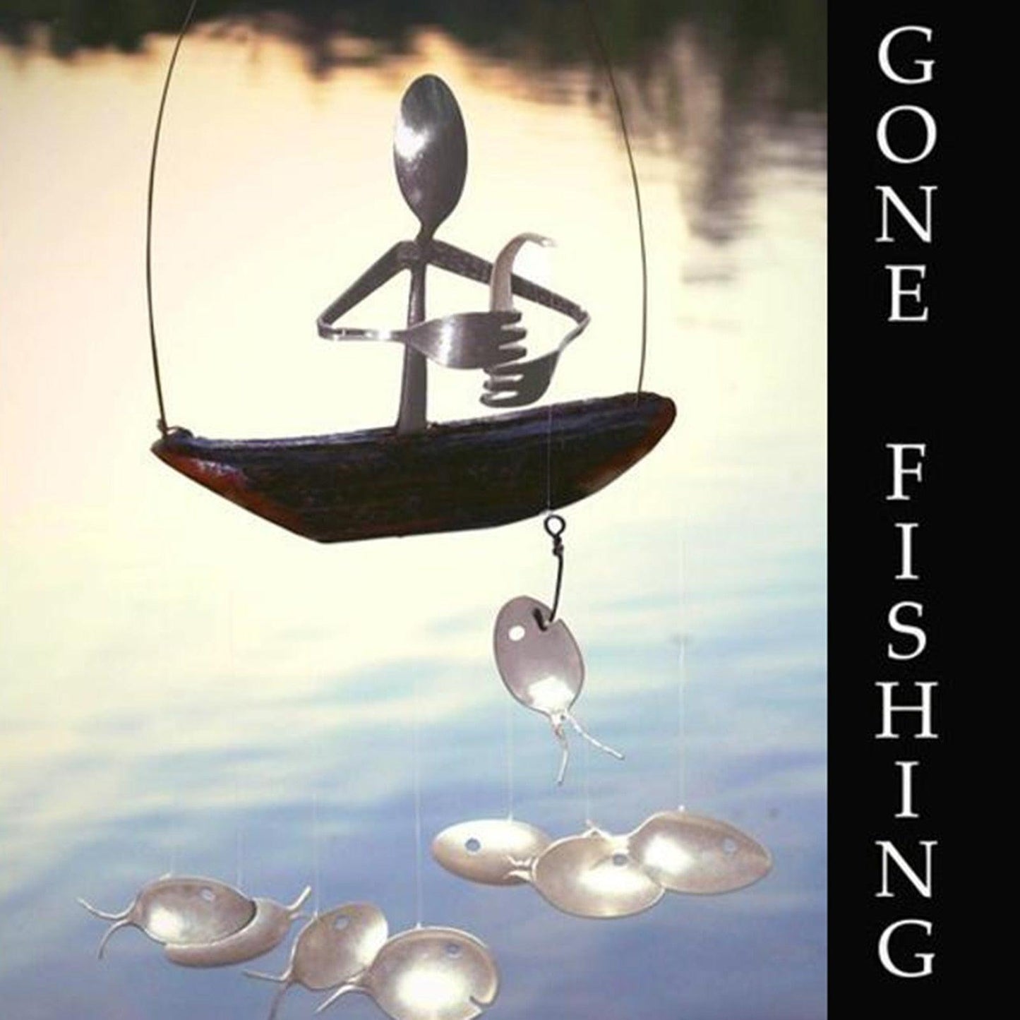 Creative Fishing Man Spoon Fish Sculptures Wind Chime Home Bedroom Painted Fish Mobile Tropical Fish Home Decor  Yard Garden Hanging Ornament Decoration