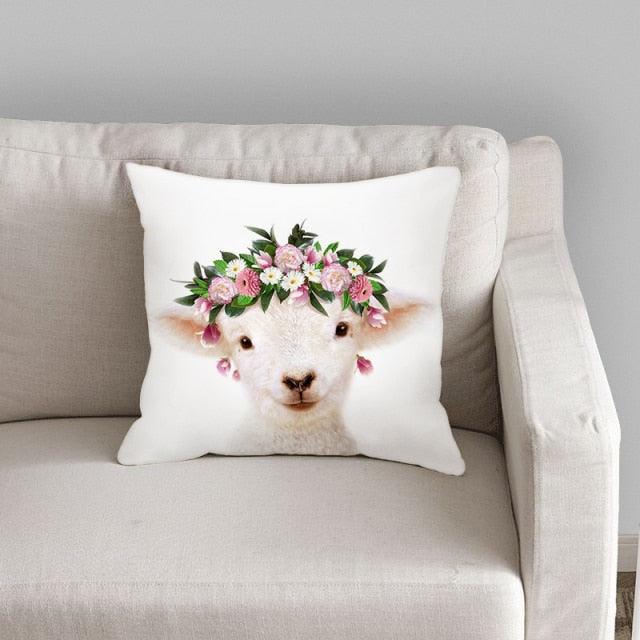 Cute Baby Animals Pattern Pillow Case Cotton Linen Cushion Cover for Home Sofa Pillow Covers, Cushion Covers Tiger Bunny Rabbit Horse Sheep Bear With Head Flowers Decorative Velvet Pillow Covers 45X45CM