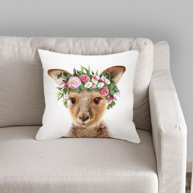 Cute Baby Animals Pattern Pillow Case Cotton Linen Cushion Cover for Home Sofa Pillow Covers, Cushion Covers Tiger Bunny Rabbit Horse Sheep Bear With Head Flowers Decorative Velvet Pillow Covers 45X45CM