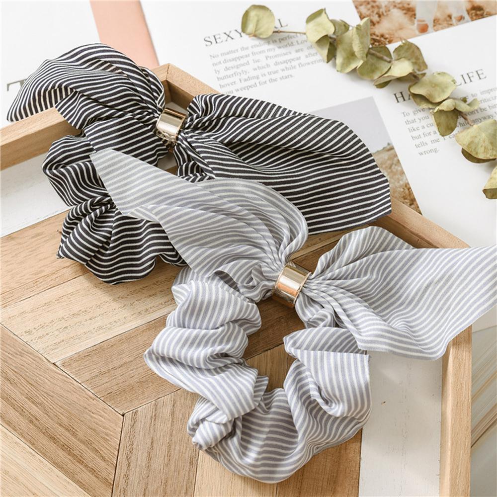 Cute Rabbit Ear Striped Metal Buckle Hair Scrunchies Elastic Hair Bands Ties Rope Bands Ponytail Bands Gorgeous Hair Accessories For Women