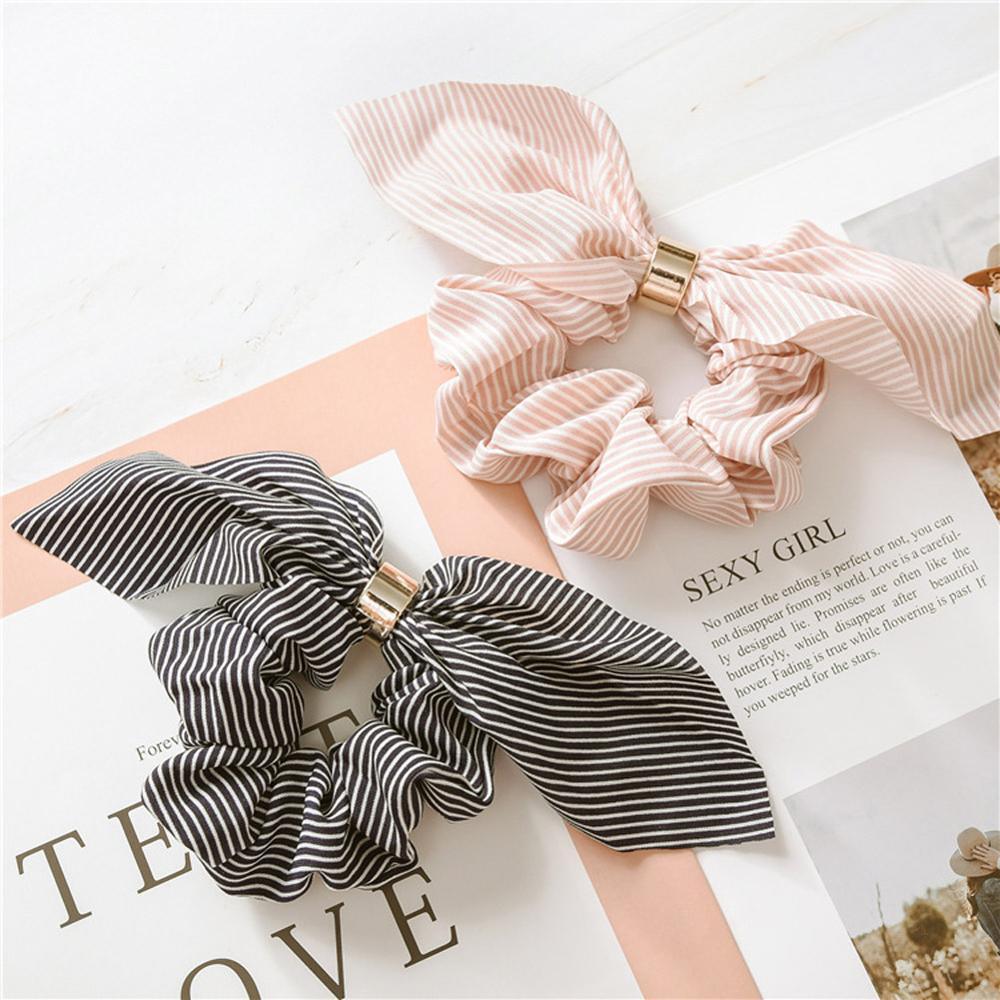 Cute Rabbit Ear Striped Metal Buckle Hair Scrunchies Elastic Hair Bands Ties Rope Bands Ponytail Bands Gorgeous Hair Accessories For Women