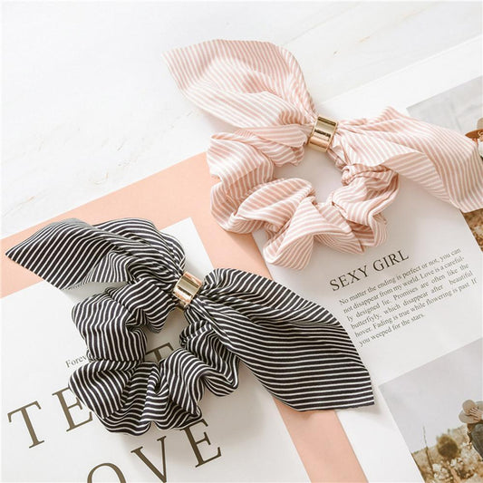 Cute Rabbit Ear Striped Metal Buckle Hair Scrunchies Elastic Hair Bands Ties Rope Bands Ponytail Bands Gorgeous Hair Accessories For Women