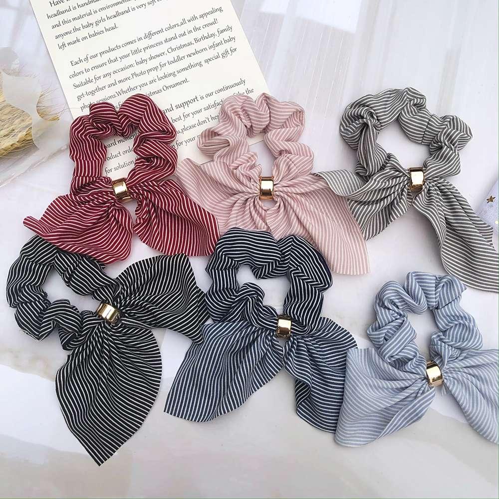 Cute Rabbit Ear Striped Metal Buckle Hair Scrunchies Elastic Hair Bands Ties Rope Bands Ponytail Bands Gorgeous Hair Accessories For Women