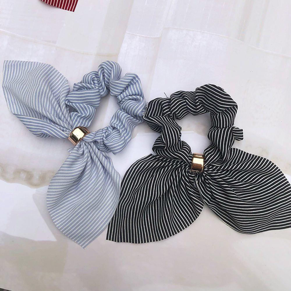Cute Rabbit Ear Striped Metal Buckle Hair Scrunchies Elastic Hair Bands Ties Rope Bands Ponytail Bands Gorgeous Hair Accessories For Women