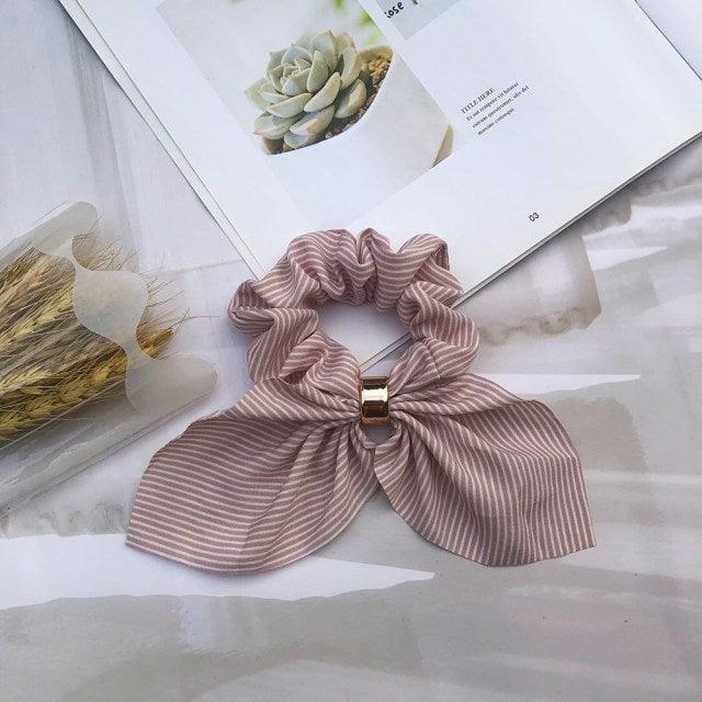 Cute Rabbit Ear Striped Metal Buckle Hair Scrunchies Elastic Hair Bands Ties Rope Bands Ponytail Bands Gorgeous Hair Accessories For Women