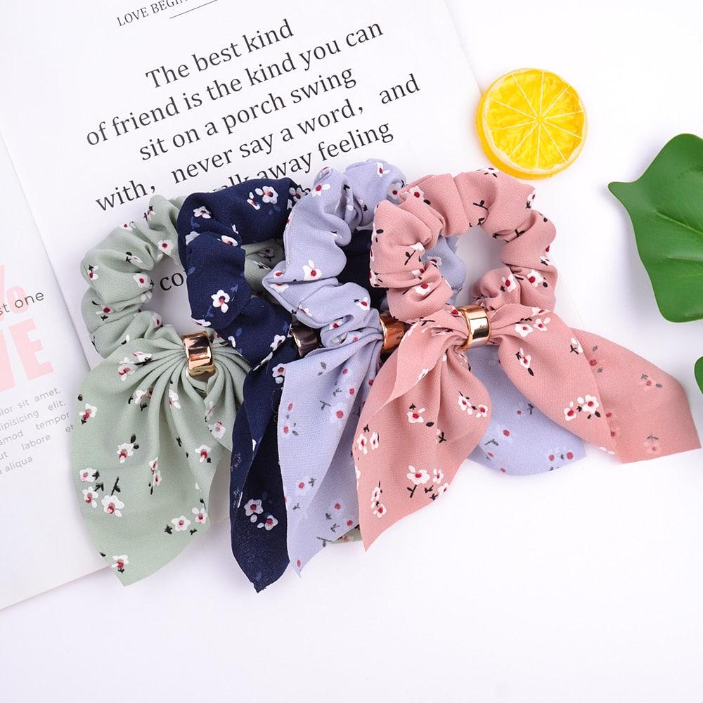 Cute Rabbit Ear Striped Metal Buckle Hair Scrunchies Elastic Hair Bands Ties Rope Bands Ponytail Bands Gorgeous Hair Accessories For Women