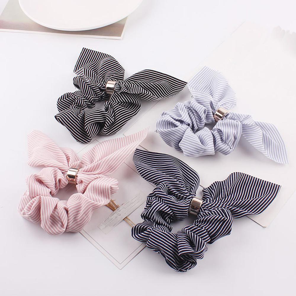 Cute Rabbit Ear Striped Metal Buckle Hair Scrunchies Elastic Hair Bands Ties Rope Bands Ponytail Bands Gorgeous Hair Accessories For Women