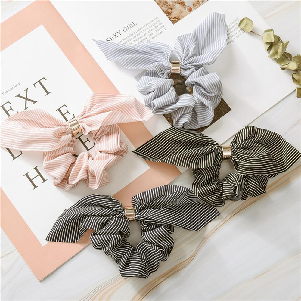 Cute Rabbit Ear Striped Metal Buckle Hair Scrunchies Elastic Hair Bands Ties Rope Bands Ponytail Bands Gorgeous Hair Accessories For Women