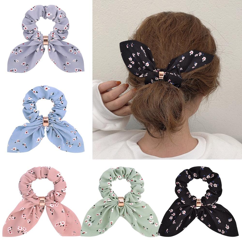 Cute Rabbit Ear Striped Metal Buckle Hair Scrunchies Elastic Hair Bands Ties Rope Bands Ponytail Bands Gorgeous Hair Accessories For Women