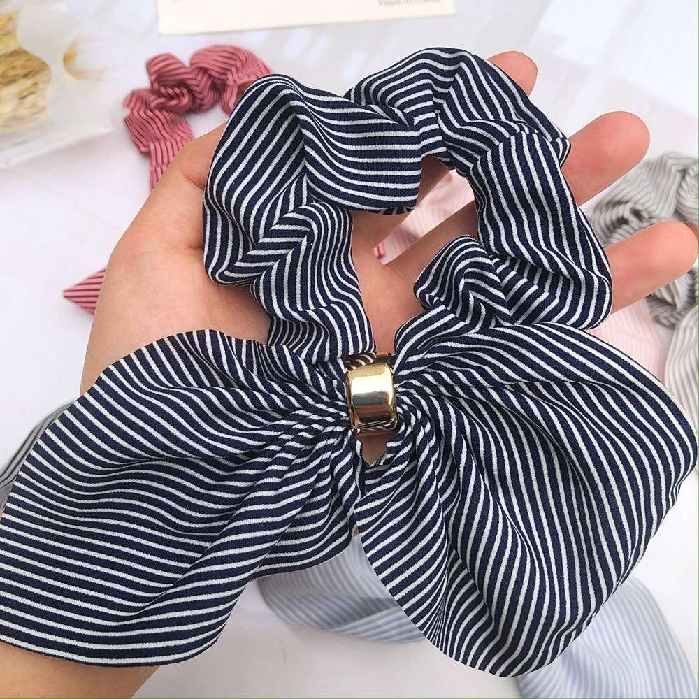 Cute Rabbit Ear Striped Metal Buckle Hair Scrunchies Elastic Hair Bands Ties Rope Bands Ponytail Bands Gorgeous Hair Accessories For Women
