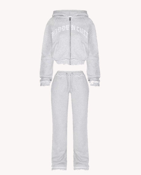 Ins Letter Sports Suit Zip-up Hooded Cropped Sweatshirt Top And Loose Drawstring Trousers Fashion Womens Clothing