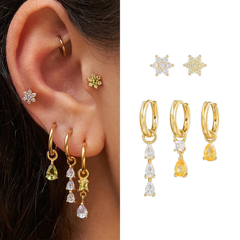 Water Drop Diamond Earrings Fashion Hexagonal Five-piece Set