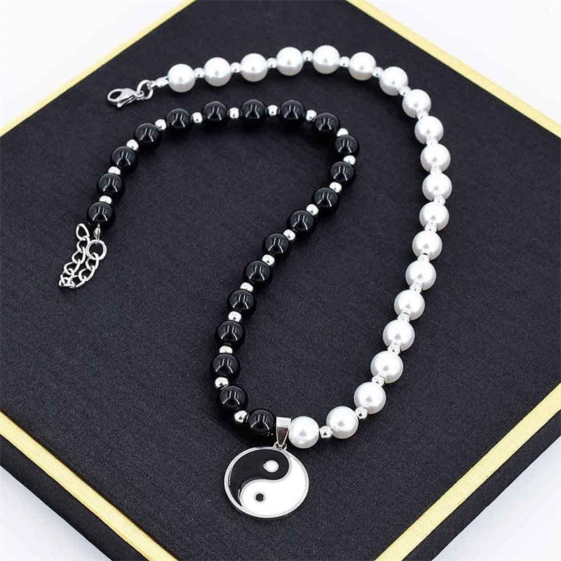 Yin Yang Tai Chi Gossip Pendant Necklace Black And White String Of Pearls