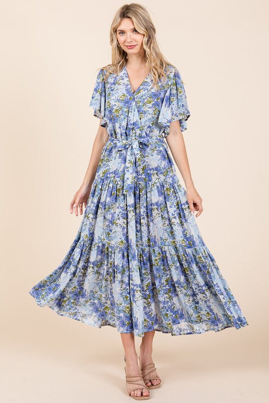 New Summer Floral Tie Waist Flutter Sleeve Tiered Dress For Women – Feminine, Elegant, Cheerful, Bohemian Chic, Flowy & Graceful