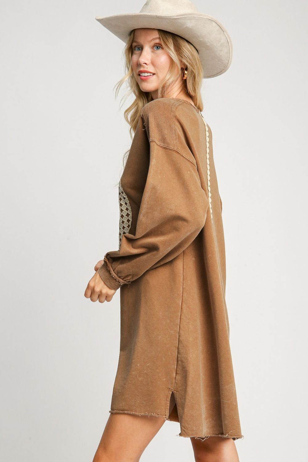 Peace Lace Applique Frayed Hem French Terry Mini Dress For Women – Casual Terry Mini Dress, Lace Applique Dress, Edgy Frayed Hem Dress, Bohemian Lace Dress, Trendy Mini Dress