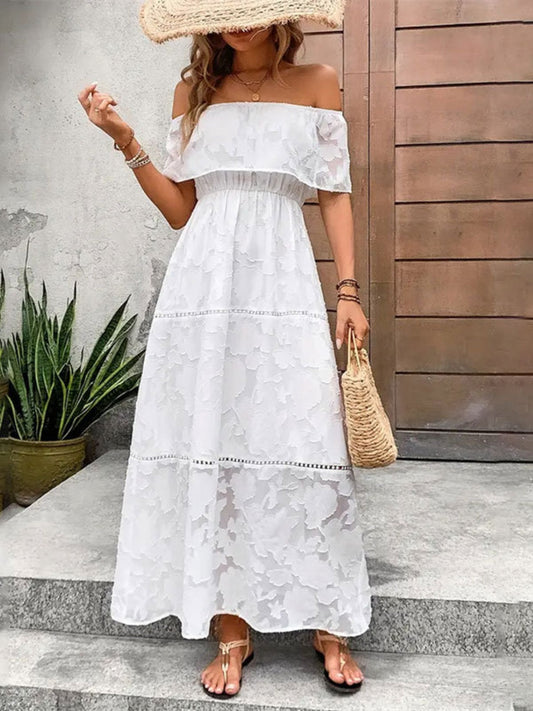 White Stylish Off-Shoulder Maxi Dress Elegant Short Sleeve Summer Dress