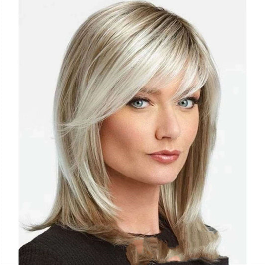 Medium Long Hair Platinum Highlights Brown Gradient Dyed Chemical Fiber Hair