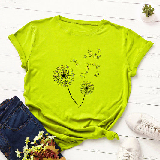 Women's Loose Dandelion Bike Round Neck Short Sleeve T-shirt