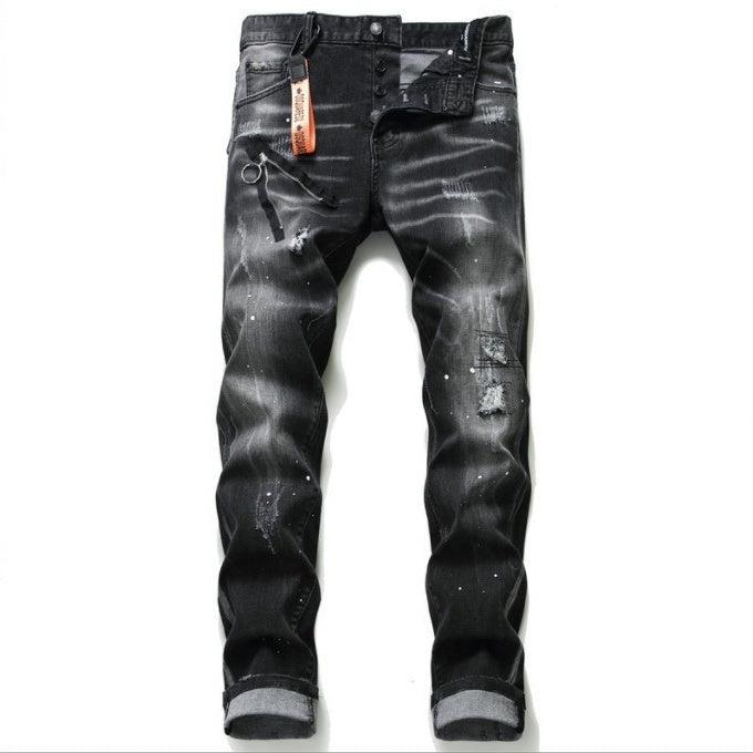 Black And Gray Paint Hole Zipper Decorations Personality Jeans Men