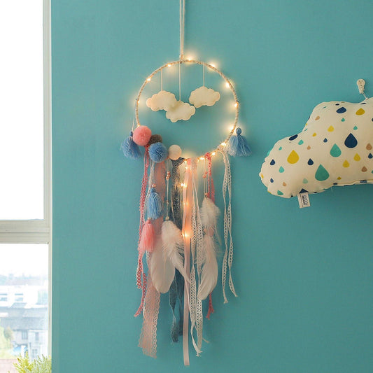 Decoration Home Dream Catchers Hanging Wall Decor Art Pendant Handmade Traditional White Cloud Dream Catcher With Led String Lights Wall Hanging Kids Room Decor Nursery Wall Art Ornament Decor Craft Gift Cute Wind Chimes National Feather Kids Girls