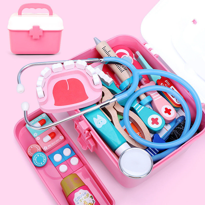 Wooden Children's Simulation Play House Doctor Toy Suit Girl Injection Teeth Medicine Kit Tool Box Stall