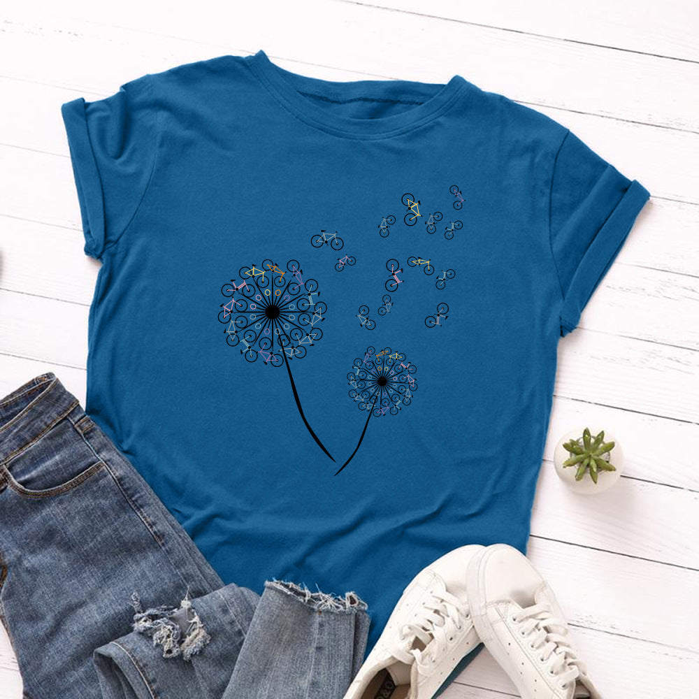 Women's Loose Dandelion Bike Round Neck Short Sleeve T-shirt