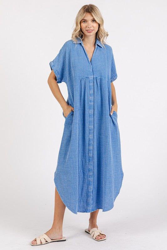 Mineral Wash V-Neck Button-Up Midi Shirt Dress – Trendy, Casual, Lived-In Look with Classic Button Details for Effortless Style