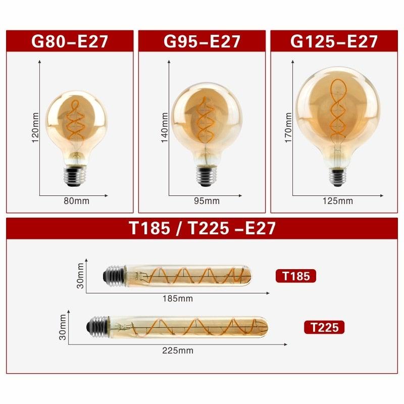 E14 E27 Retro LED Spiral Filament Light Bulb 4W 220V C35 G45 A60 T45 ST64 T185 T225 G80 G95 G125 Vintage Edison Lamp Vintage Filament Light Bulbs Globe Round