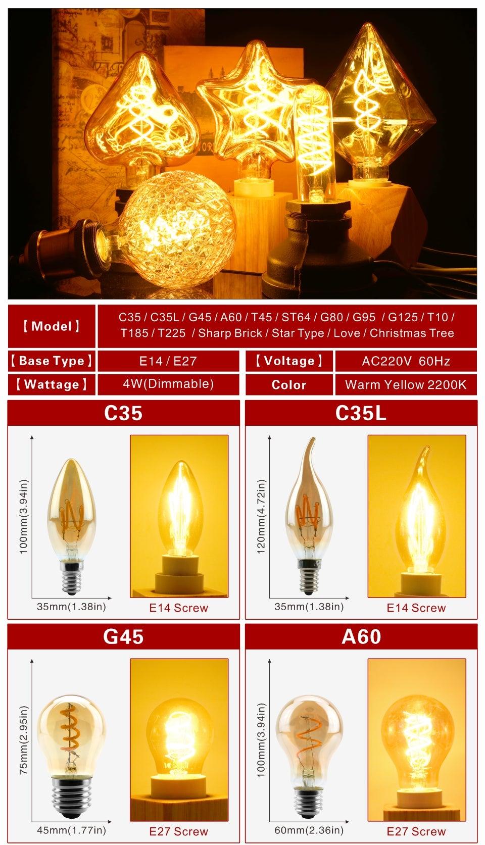 E14 E27 Retro LED Spiral Filament Light Bulb 4W 220V C35 G45 A60 T45 ST64 T185 T225 G80 G95 G125 Vintage Edison Lamp Vintage Filament Light Bulbs Globe Round