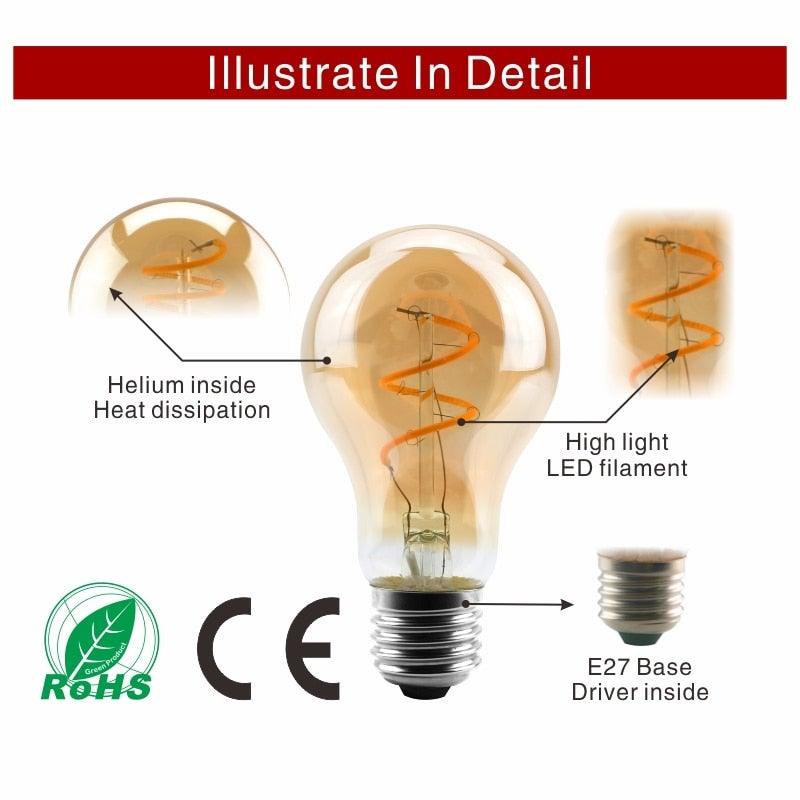 E14 E27 Retro LED Spiral Filament Light Bulb 4W 220V C35 G45 A60 T45 ST64 T185 T225 G80 G95 G125 Vintage Edison Lamp Vintage Filament Light Bulbs Globe Round