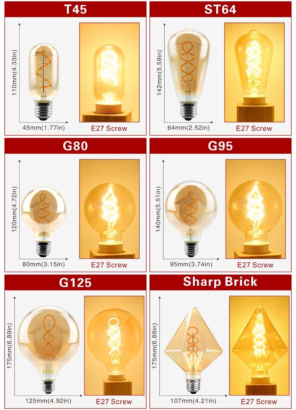 E14 E27 Retro LED Spiral Filament Light Bulb 4W 220V C35 G45 A60 T45 ST64 T185 T225 G80 G95 G125 Vintage Edison Lamp Vintage Filament Light Bulbs Globe Round