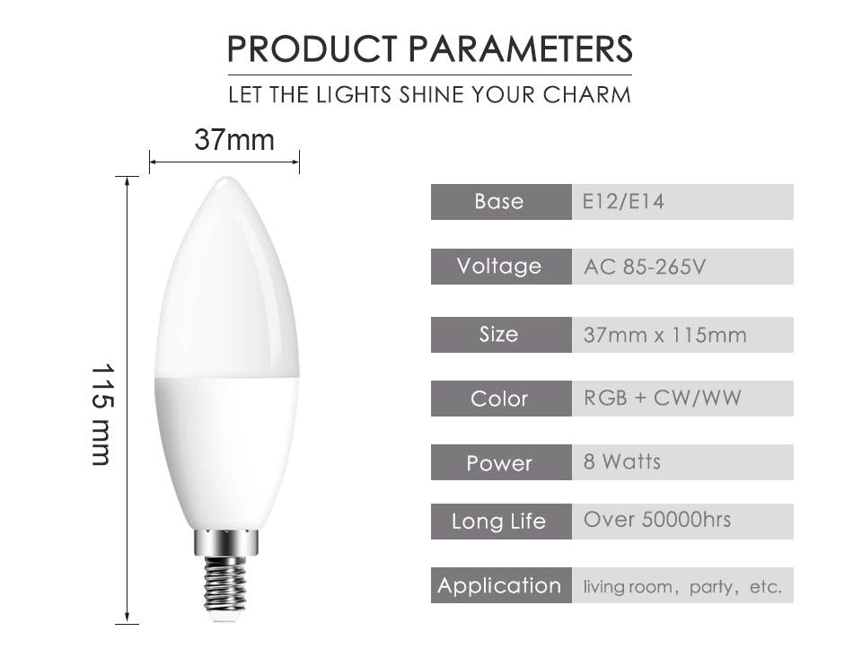 E14 LED Bulb Candle Color Indoor Neon Sign Light Bulb RGB Tape With Controller Lighting 220V E12 Dimmable Smart Lamp For Home Smart WiFi Candelabra Light Bulb, C37 Shape RGB+C+W LED Candle Light Bulb, 5W 400LM (2700k-6500k) Candelabra Bulb