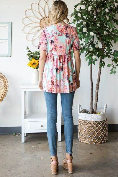 Heimish Floral V-Neck Babydoll Blouse - Full Size Short Sleeve Top