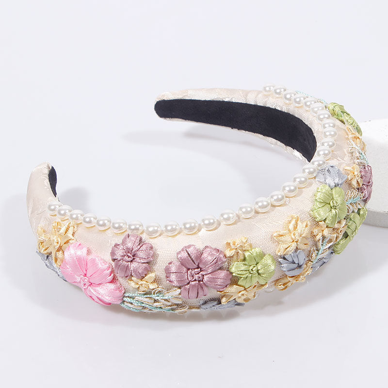 Imitation Pearl Retro Headband Floral Woven Fabric