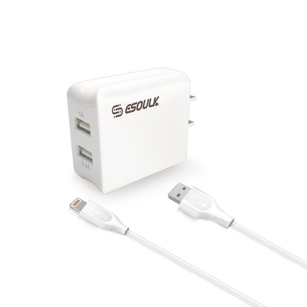 12W 2.4A Dual USB Travel Wall Charger With 5FT Charging Cable For IPhone XS MAX/XS/XR/X/8/7