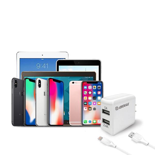 12W 2.4A Dual USB Travel Wall Charger With 5FT Charging Cable For IPhone XS MAX/XS/XR/X/8/7