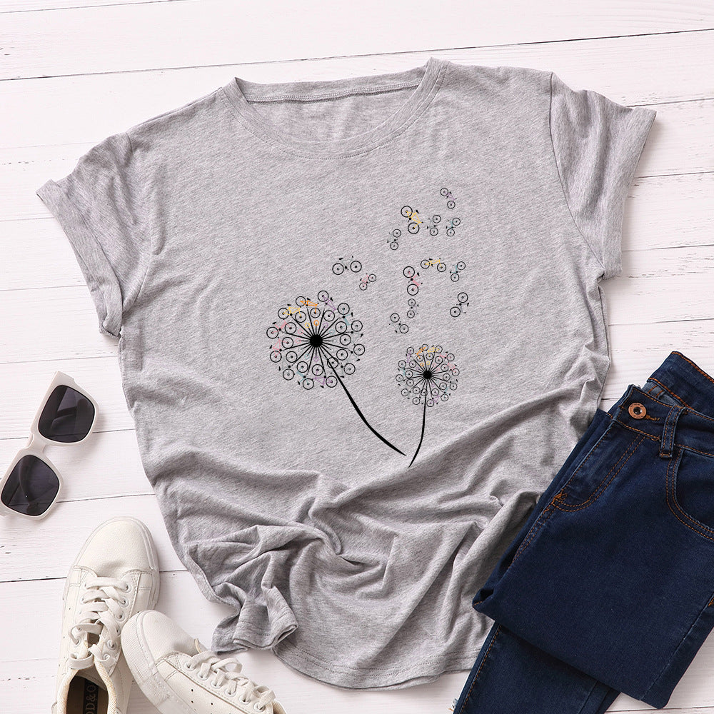 Women's Loose Dandelion Bike Round Neck Short Sleeve T-shirt