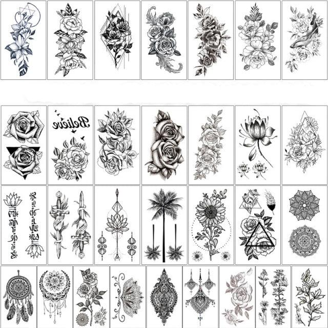 Elegant Sketches Black Flowers Body Tattoo Waterproof Temporary 3D Flowers Luxury Design For Womens