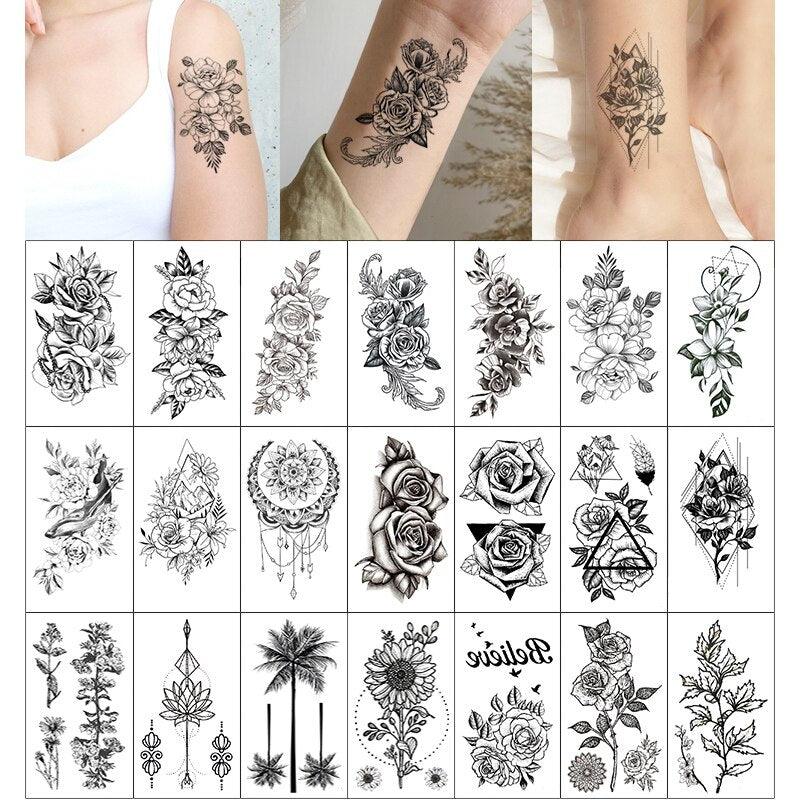 Elegant Sketches Black Flowers Body Tattoo Waterproof Temporary 3D Flowers Luxury Design For Womens