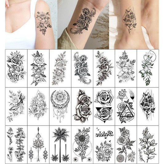 Elegant Sketches Black Flowers Body Tattoo Waterproof Temporary 3D Flowers Luxury Design For Womens